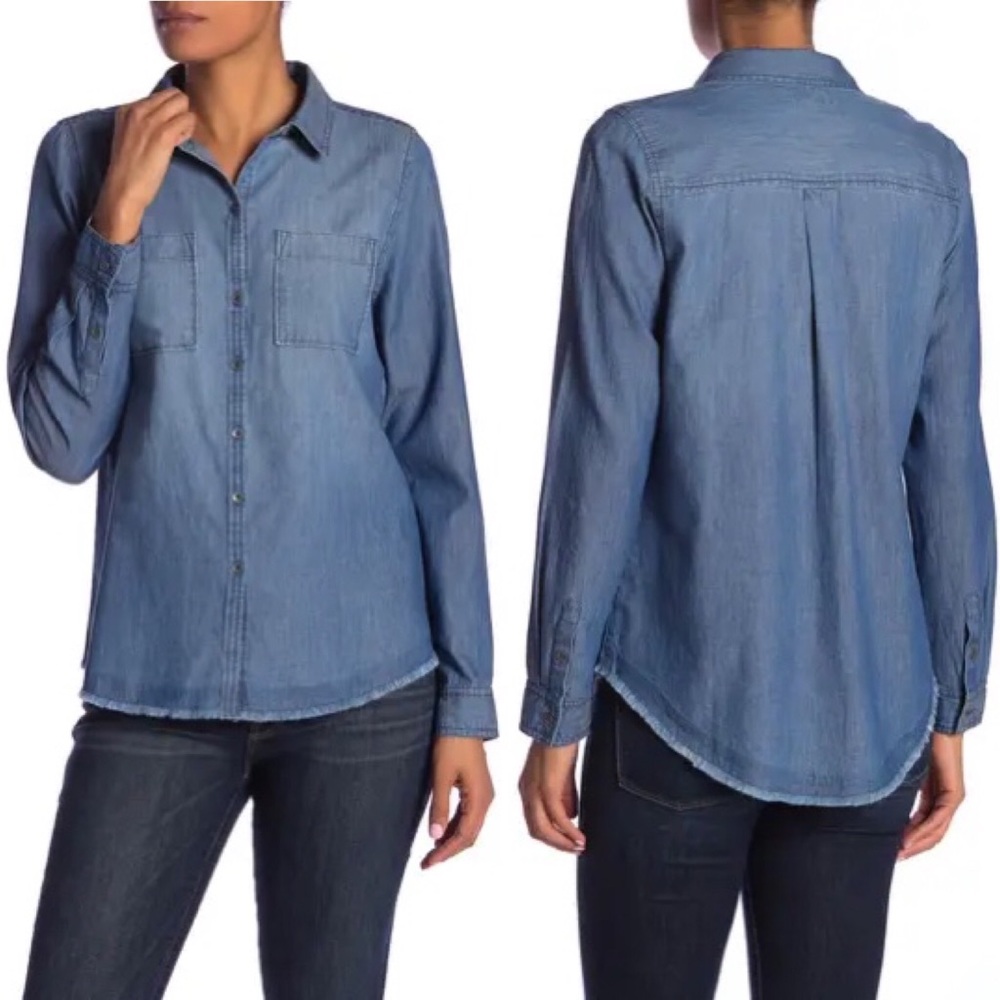 Melrose&Market Collared Raw Hem Chambray Shirt XXS